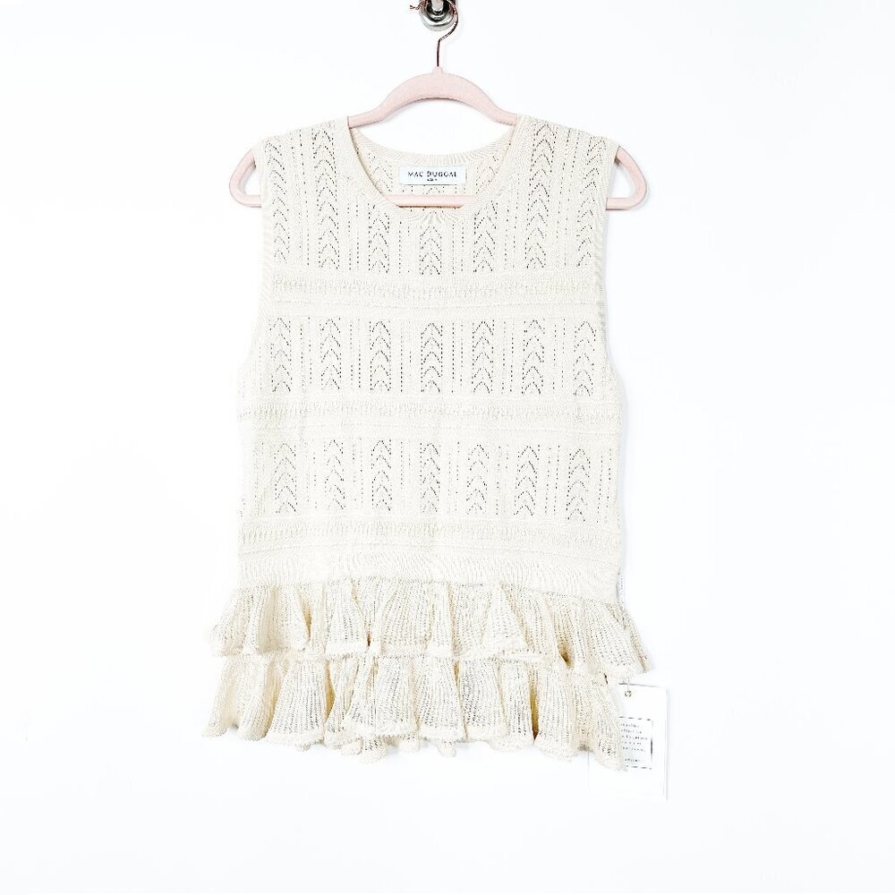 NWT Mac Duggal Sleeveless High Neck Knit Top With Ruffle Hem Oat Medium #A0181 - Picture 3 of 12